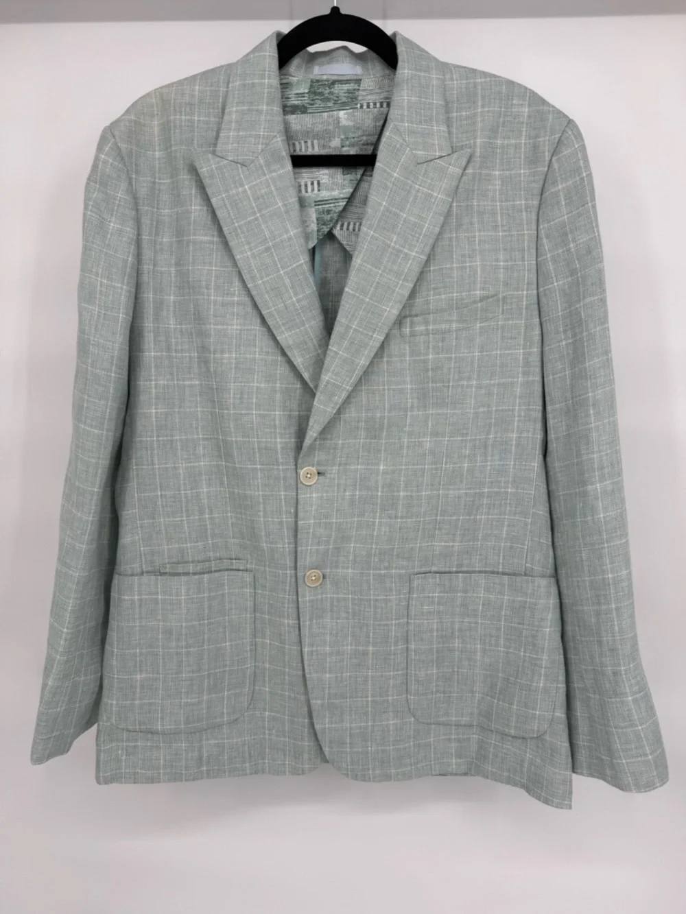 ASUKA Windowpane Blazer Cotton Linen Blend Lightweight Tailored Jacket Seafoam